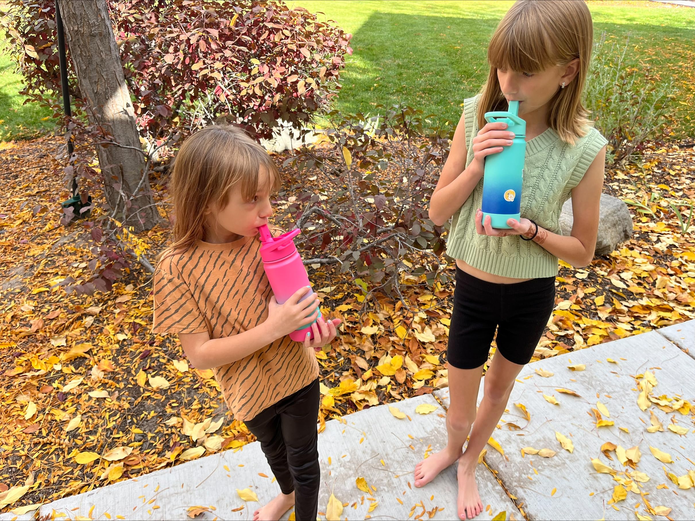 mininoo Girls Kids Water Bottle for School, 16oz Stainless Steel Insulated Water Bottle with Straw Lid (Purple/Pink)