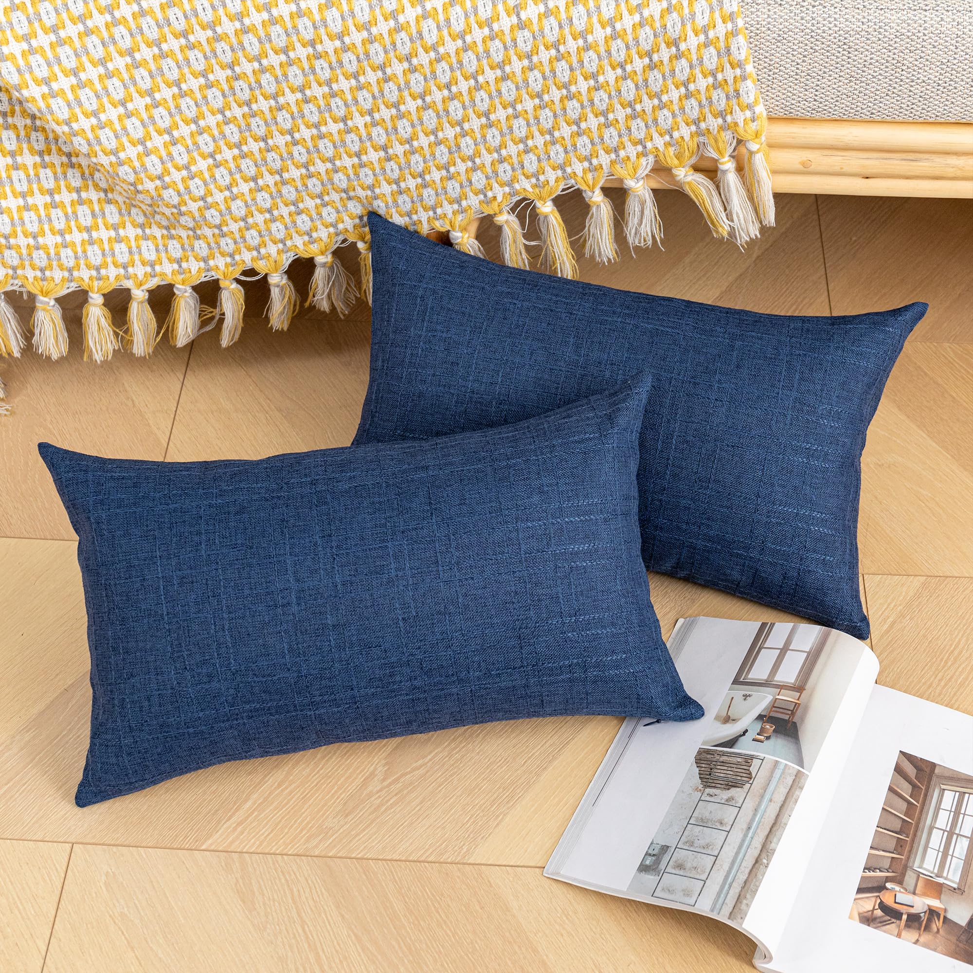 Kevin Textile Outdoor Waterproof Throw Pillow Covers Decorative Farmhouse Water Resistant Checkered Cushion Covers for Tent Patio Garden Couch Sofa Pack of 2, 12x20 Navy Blue