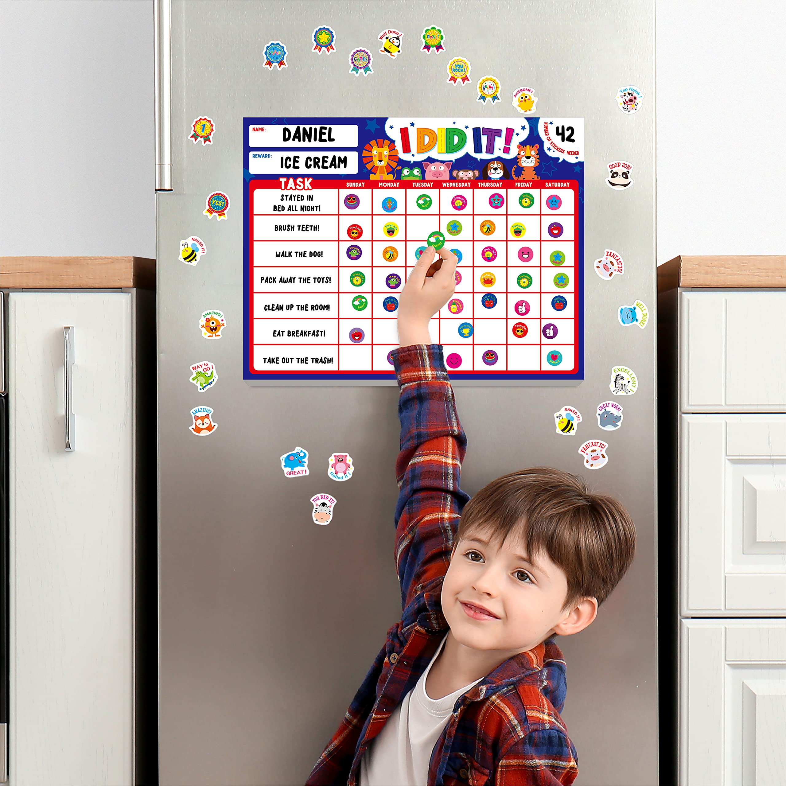 Magnetic I Did It Reward Chart, Behavior Reward Chart System with 50 Perforated Sheets Plus 2648 Motivational Stickers Fridge Daily Schedule Chore Chart to Motivate Good Habits & Responsibilities