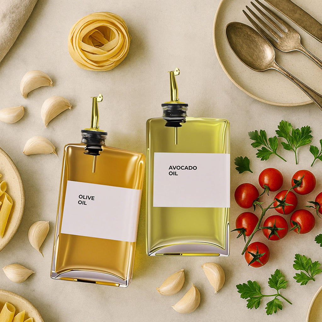 Spaceneat Olive Oil Dispenser Bottle – Includes 48 Kitchen Essential Labels – Cooking Oil Bottles for Kitchen, Coffee Syrup Dispenser – Pourer Spout with 350 mL Glass Container Cruet – 2pcs, Gold