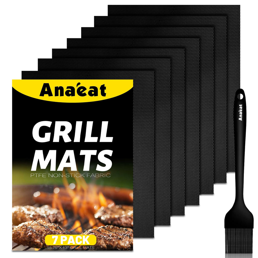 Anaeat Reusable Grill Mat Set of (7+1) - 100% Non Stick BBQ Grill Mats Heavy Duty Teflon Baking Sheets, Barbecue Accessories Grill Tools Works on Gas, Charcoal, Electric Grill - 15.75 x 13-Inch