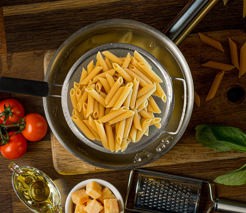 Kafoor 9" Large Fine Mesh Strainer with Thermo Plastic Rubber Handle - Sieve Fine Mesh Stainless Steel - Ideal to Strain Pasta, Quinoa and Rice.