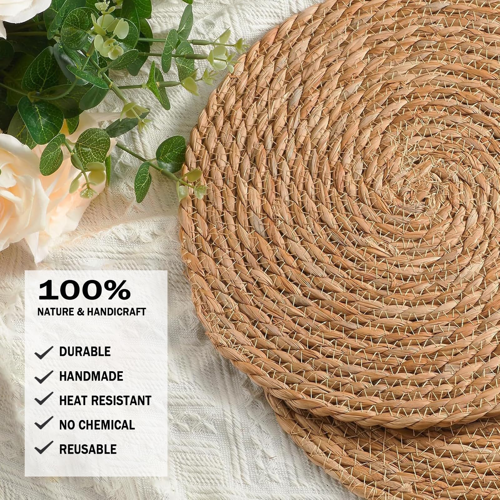 Handmade Heat Resistant 13.8" Round Woven Placemats Set of 6, Wicker Boho No Chemical Natural Water Hyacinth Place Mats, Farmhouse Table Mats for Kitchen Dining Table,Home Decorations,Wedding