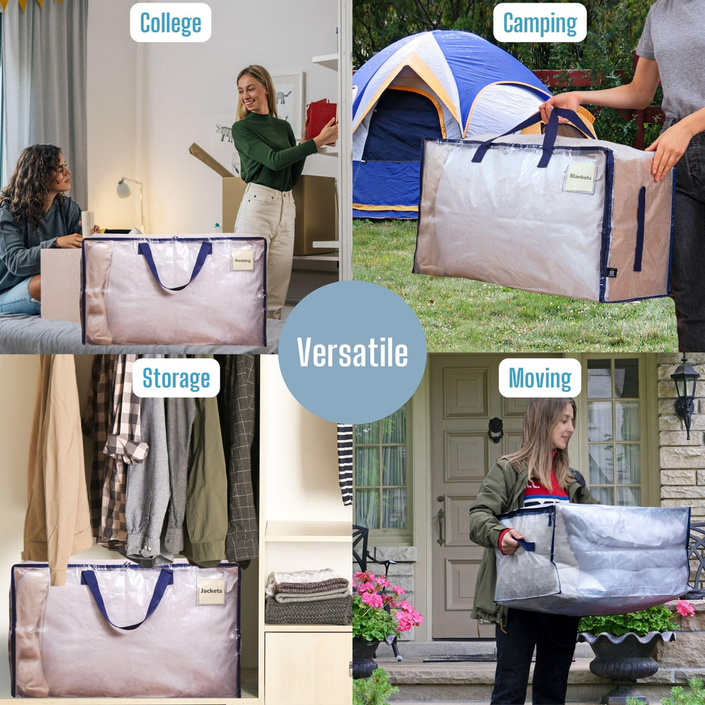 VENO Heavy Duty Extra Large Foldable Storage Bags with Zippers & Carrying Handles, Storage Containers Organizer Tote, Moving Boxes for College Dorm, Travel, Camping, Reusable (Clear, 4 Pack)