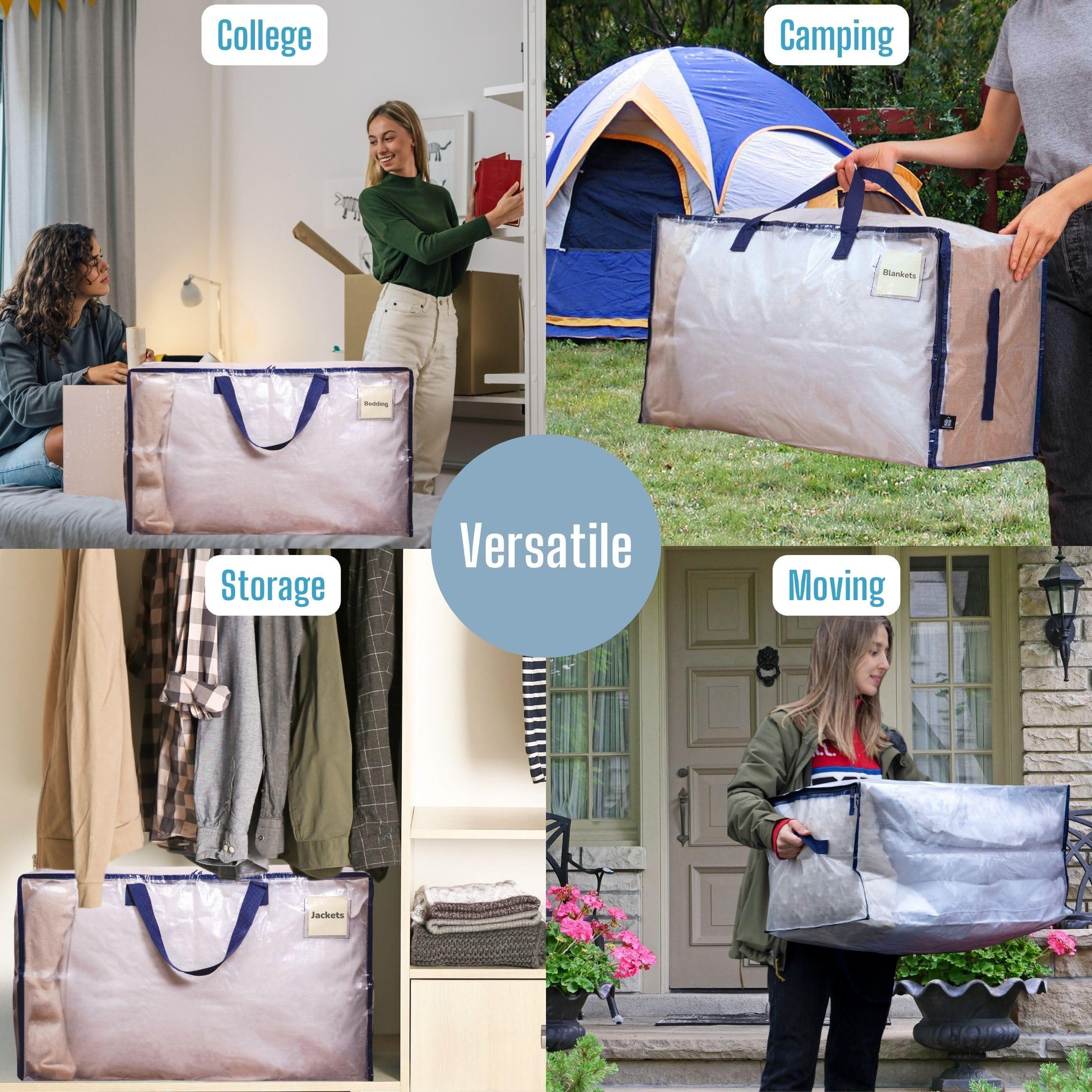 VENO Heavy Duty Extra Large Foldable Storage Bags with Zippers & Carrying Handles, Storage Containers Organizer Tote, Moving Boxes for College Dorm, Travel, Camping, Reusable (Clear, 4 Pack)