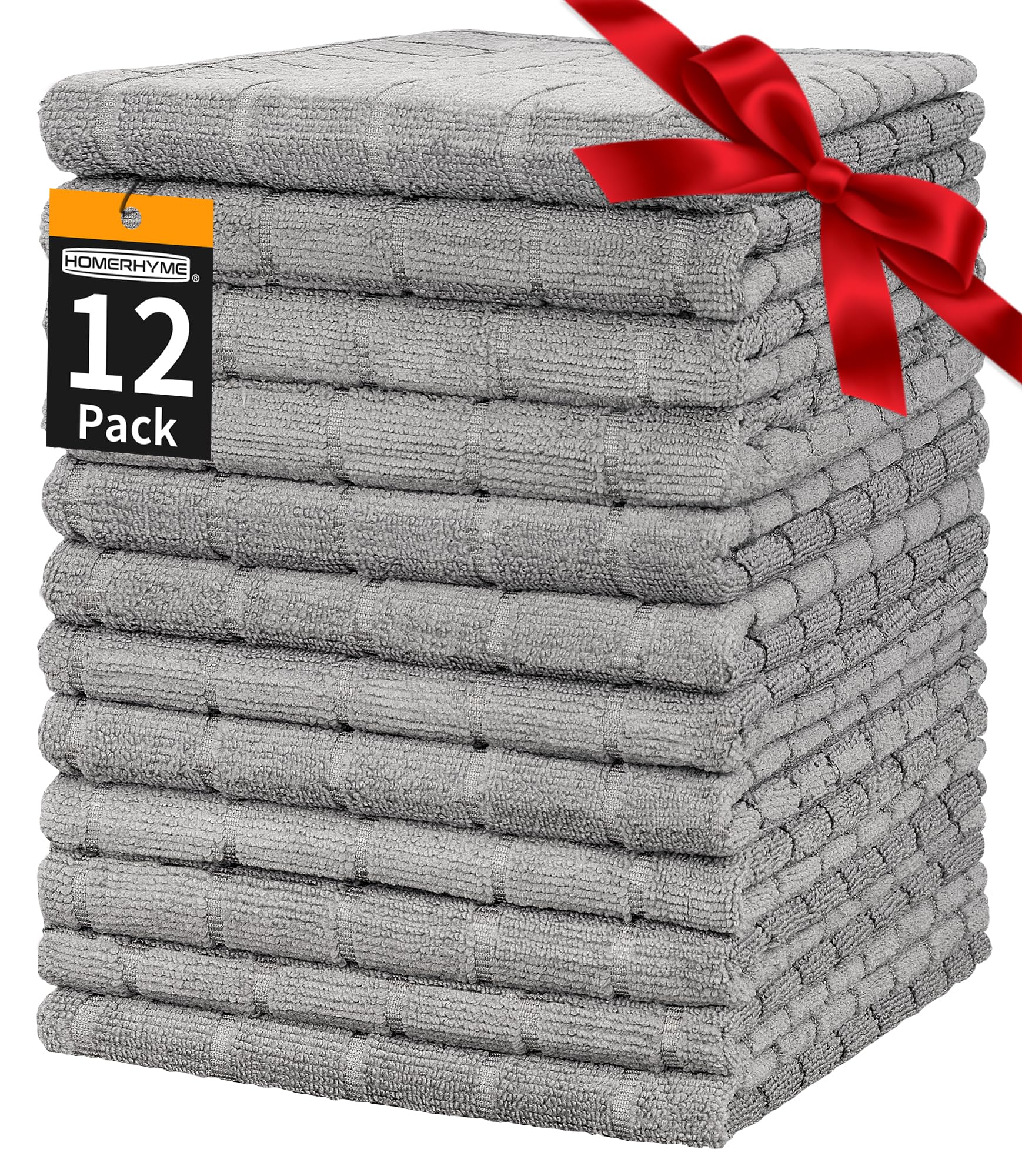 HOMERHYME Hand Towels, 12 Pack 25''*15'' Microfiber Bathroom Hand Towels, Grey All-Purpose Quick Dry Lint Free Soft Absorbent Bulk Checkered Washcloths Bath Towels for Travel Gym Hotel Kitchen Salon
