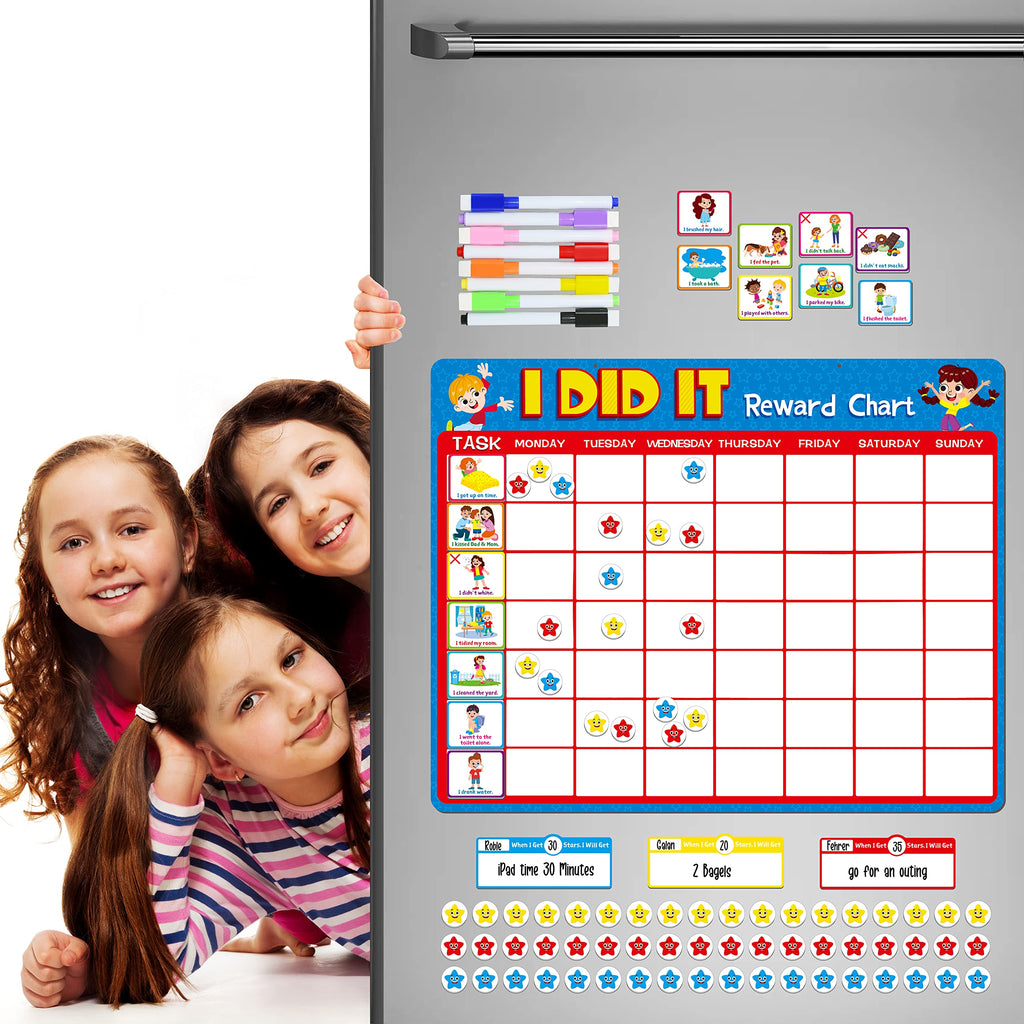 Magnetic Reward Chart, Dry Erase Kids Behavior Responsibility Task Board-84 Chores (Including 7 Blanks), 272 Magnetic Stars, 8 Markers & 3 Name Cards-Good Behavior Daily Routine to Motivate Kids