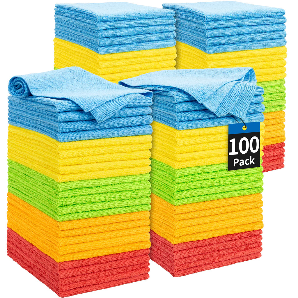 HOMERHYME Microfiber Cleaning Cloths, 100 Pack Cleaning Rags Towels Bulk Absorbent Lint-Free Washcloths, All-Purpose Washable Car Cloth Wipes for Detailing, Office, Household 11.5" x 11.5", Assorted