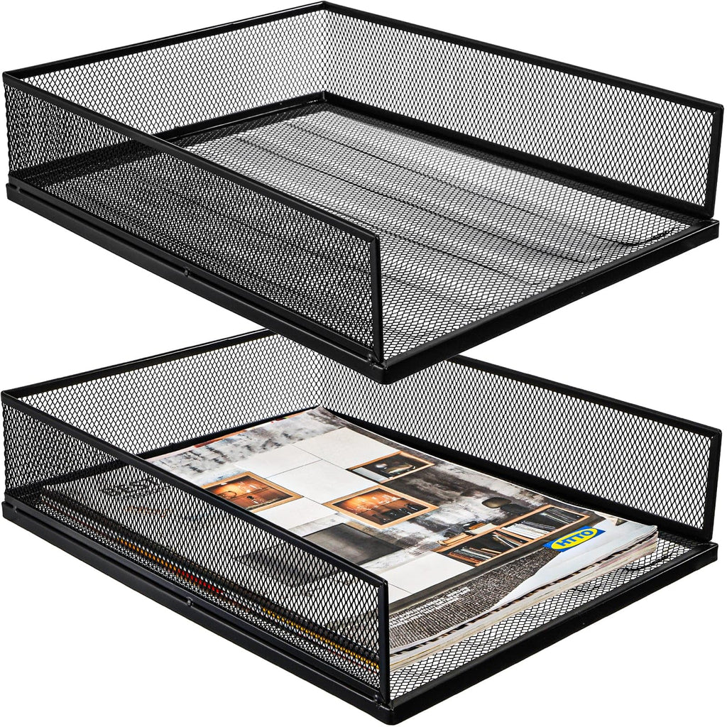YOUEON 2 Pack Wire Mesh Letter Trays 12.8"x10"x2.9", Stackable Paper Tray Organizer for Desk, Metal Desk Magazine File Holder for Home, Office, School