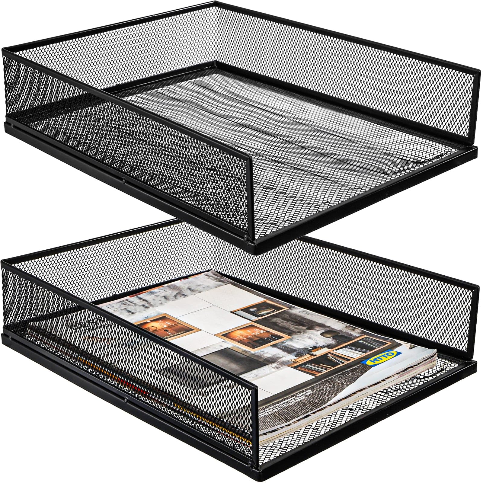 YOUEON 2 Pack Wire Mesh Letter Trays 12.8"x10"x2.9", Stackable Paper Tray Organizer for Desk, Metal Desk Magazine File Holder for Home, Office, School