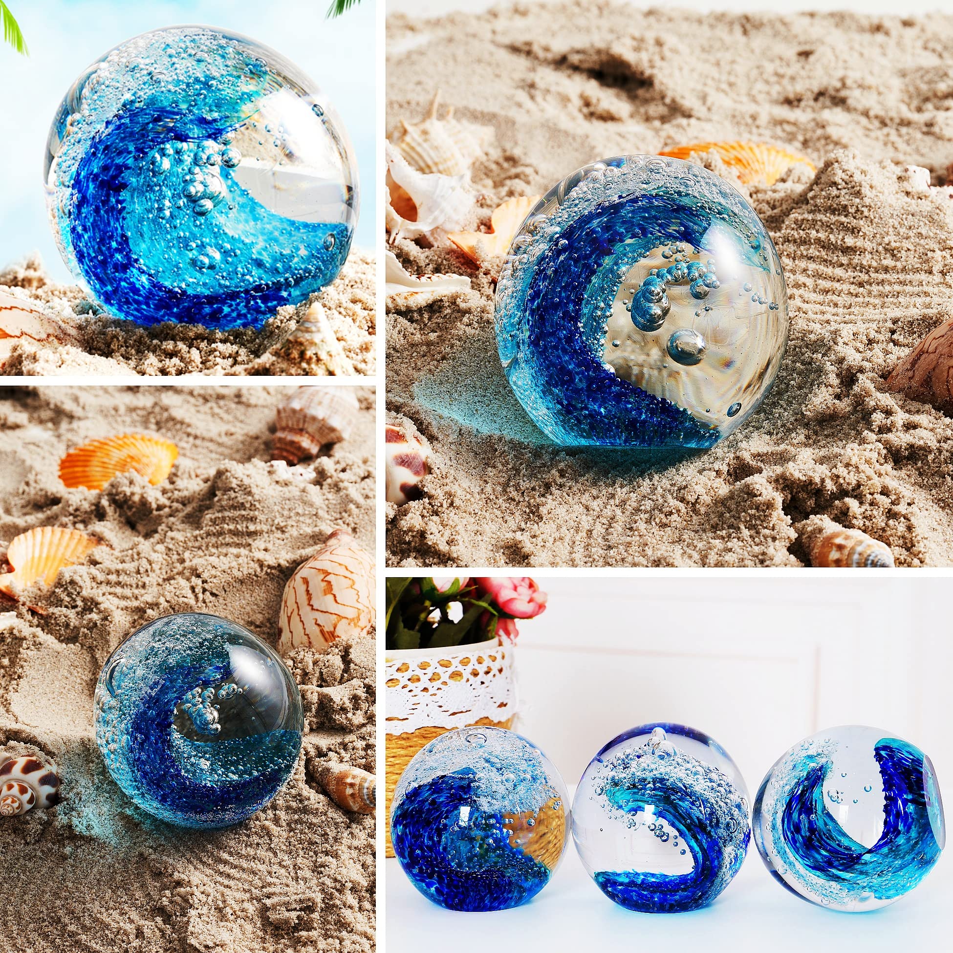 Hand Blown Glass Figurines Ball Ocean Waves,Paperweight Glass Ball,Home Decor Collectible,Aquarium Decor,Office Decor Ocean Lovers