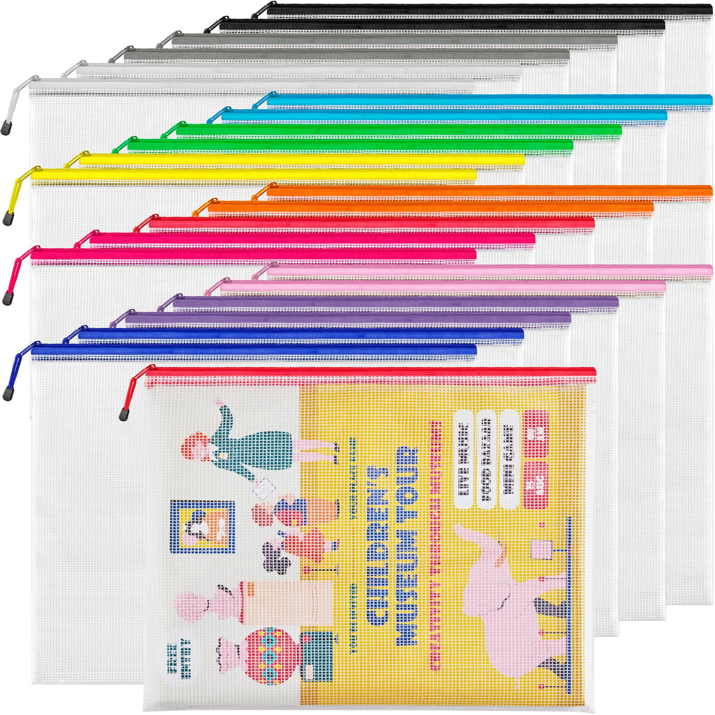 JARLINK A3 (16.9x12.4 in, 24 Pcs) Mesh Zipper Pouch, 12 Colors Extra Large Zipper Bags, Waterproof File Pouches for Office Supplies, Puzzles, Board Game, School, Travel Accessories & Craft Projects