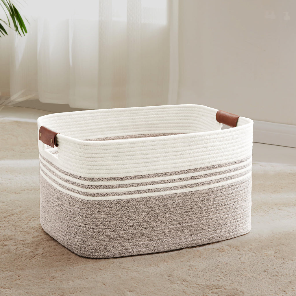 SunNewt 60L Large Laundry Basket with Leather Handles for Living Room Storage, Woven Rope Baskets Bin for Blanket, Kids Toy, Gifts, Wicker Hamper for Bedroom Dirty Clothes, 21"x15"x11" White Brown