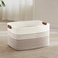 SunNewt 60L Large Laundry Basket with Leather Handles for Living Room Storage, Woven Rope Baskets Bin for Blanket, Kids Toy, Gifts, Wicker Hamper for Bedroom Dirty Clothes, 21"x15"x11" White Brown