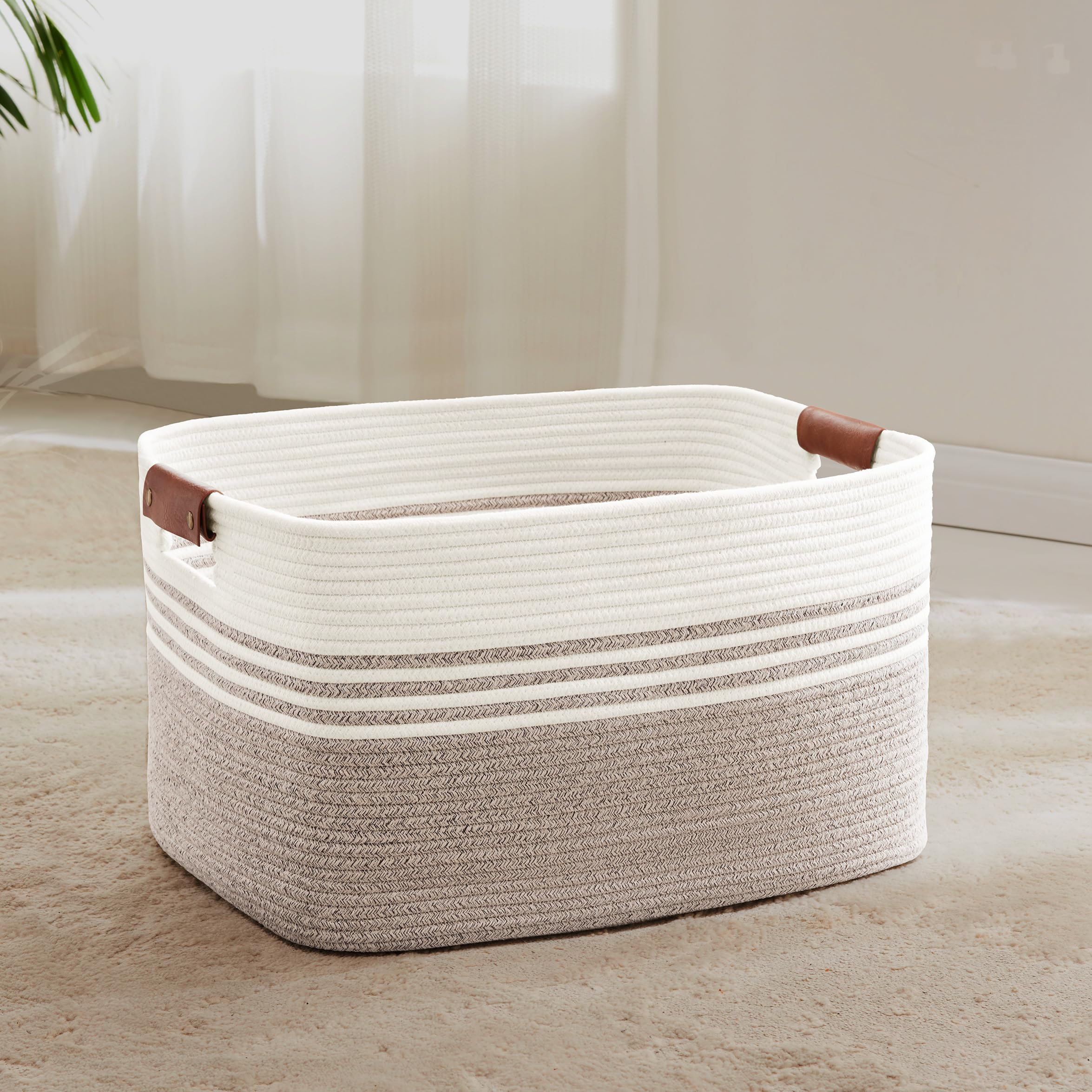 SunNewt 60L Large Laundry Basket with Leather Handles for Living Room Storage, Woven Rope Baskets Bin for Blanket, Kids Toy, Gifts, Wicker Hamper for Bedroom Dirty Clothes, 21"x15"x11" White Brown
