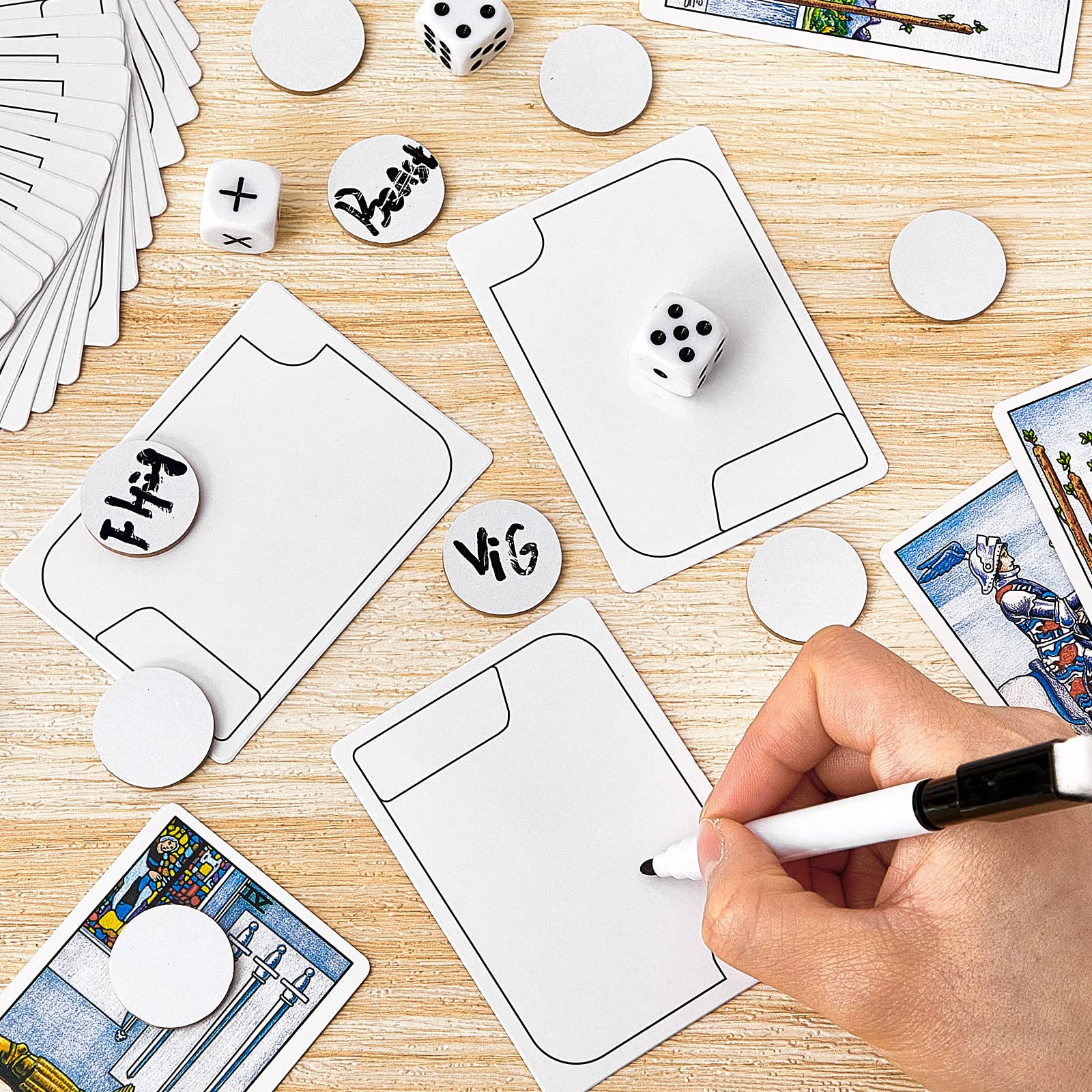 24 Pieces Double Sided Reusable Dry Rubbing Cards with Markers and Round Tokens, Portable Erasable Describable Blank Cards for Adult Group Activities