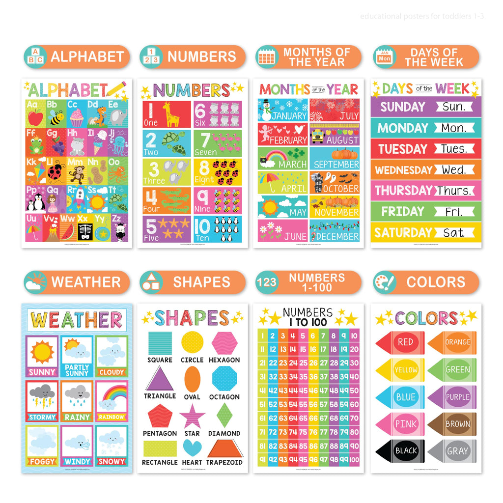 Hadley Designs 16 Educational Posters for Classroom & Kindergarten, Kindergarten Classroom Must Haves, Laminated PreK Learning Chart Materials US & World Map, ABC Alphabet, Shapes, Days of the Week