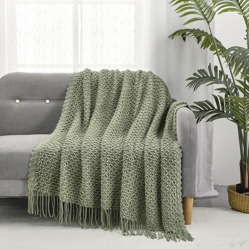 CREVENT Farmhouse Boho Knitted Throw Blanket for Couch Sofa Chair Bed Home Decoration, Soft Warm Cozy Light Weight for Spring Summer Fall (127cmX152cm Sage Green)