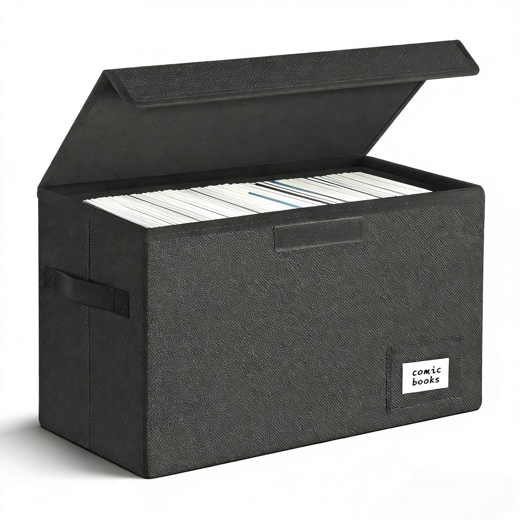 Leffis Comic Book Storage Box, Comic Book Box 15.5" X 7.5" X 11.3", Collapsible Comic Short Box with Lids Holds 150 Comics Heavy Duty Comic Book Bin Container
