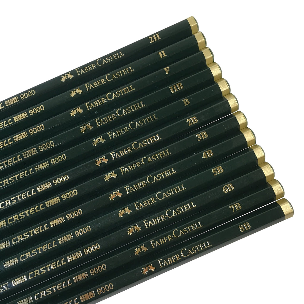 Faber-Castell 9000 Art Graphite Sketch Best Gifts Wood Pencil Sets 12 Counts With 12 Degree of Hardness (2H, H, F, HB.) + 1 Kneaded Art Eraser + 1 Large Dust Free Eraser + 1 Faber Sharpener