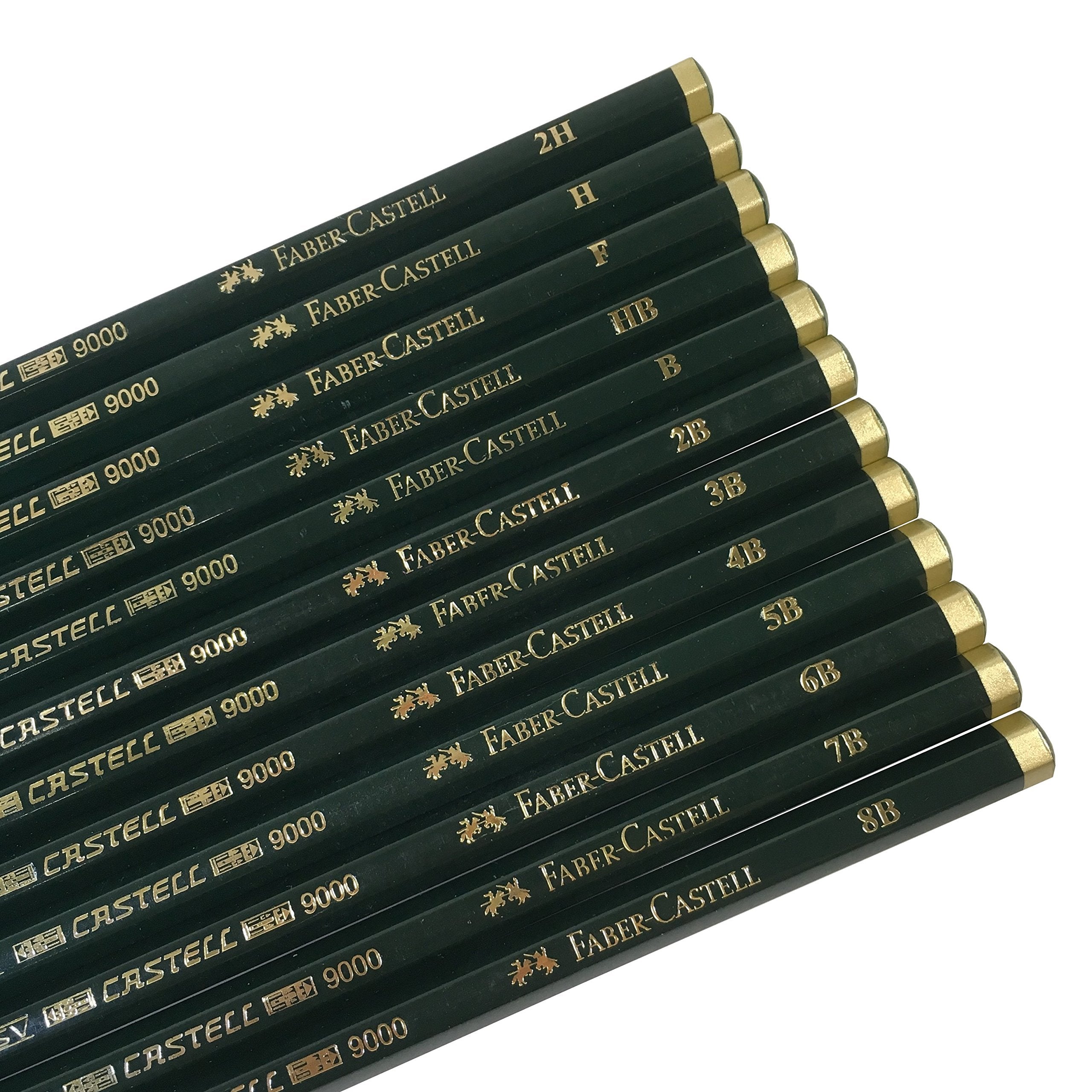 Faber-Castell 9000 Art Graphite Sketch Best Gifts Wood Pencil Sets 12 Counts With 12 Degree of Hardness (2H, H, F, HB.) + 1 Kneaded Art Eraser + 1 Large Dust Free Eraser + 1 Faber Sharpener