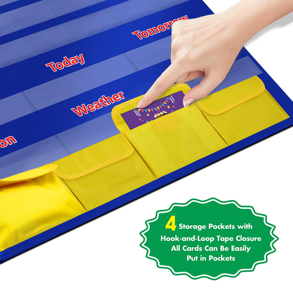 Calendar and Weather Pocket Chart with 148 Cards,(108 Illustrated Activity Cards, 40 Dry Erasable Flash Cards and 3 Hooks 28” X 35.5”)