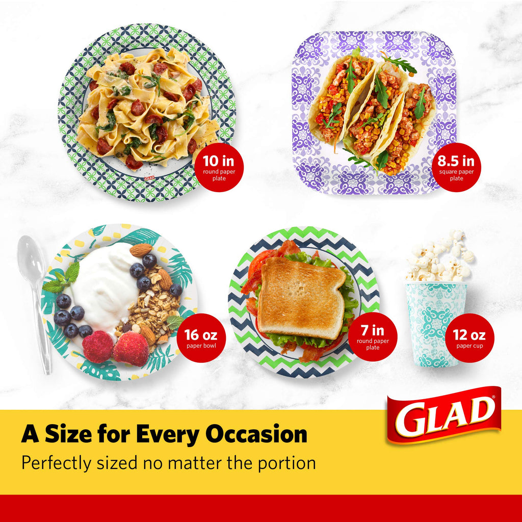 Glad Square Disposable Paper Plates for All Occasions | New & Improved Quality | Soak Proof, Cut Proof, Microwaveable Heavy Duty Disposable Plates | 10" Diameter, 50 Count Bulk Paper Plates