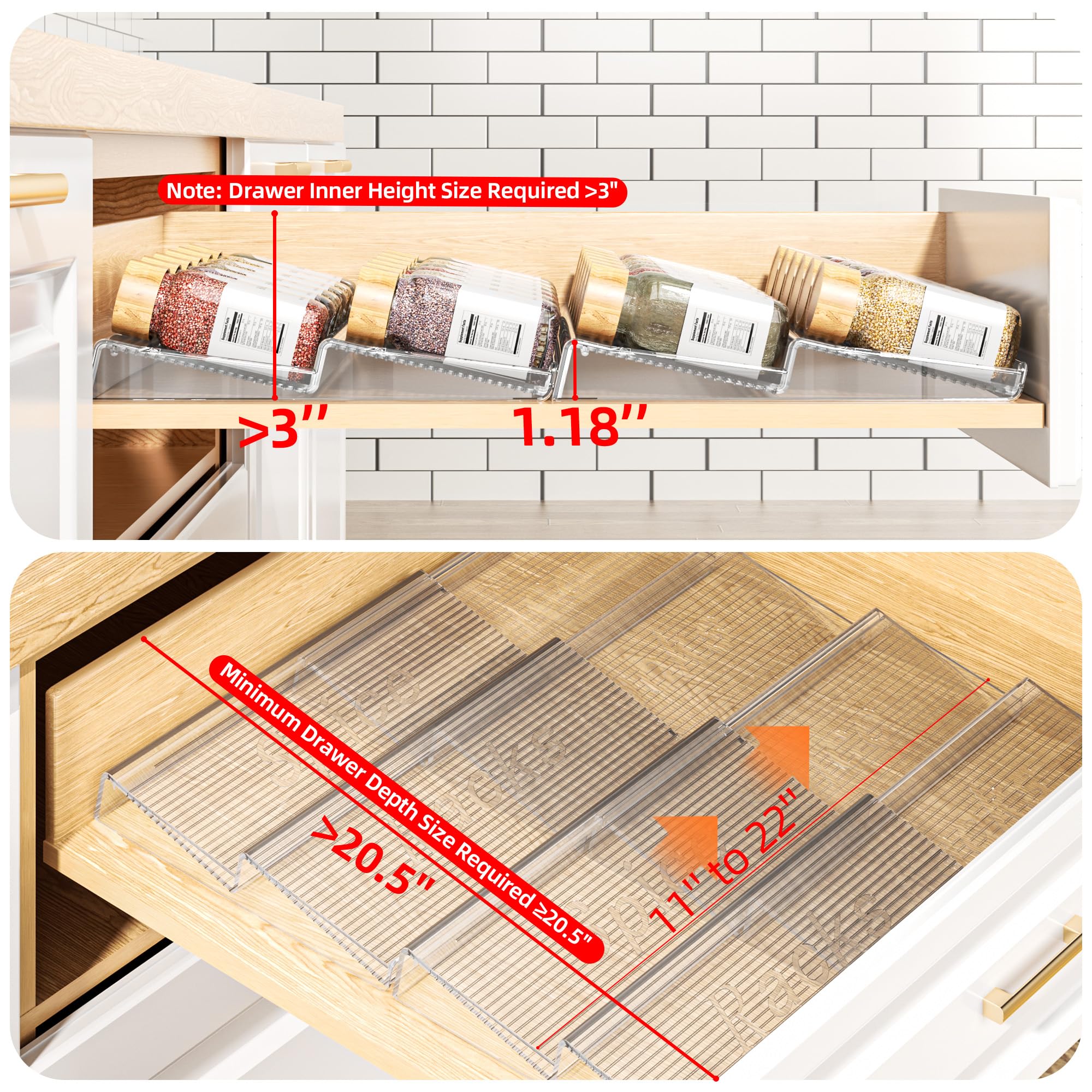 PanPanPal Spice Drawer Organizer, 2 Tier- 2 Pack Clear Acrylic Drawer Seasoning Organizer, Expandable From 11'' to 22'' Kitchen Spice Rack Organizers and Storage for Drawer (Jars not included)
