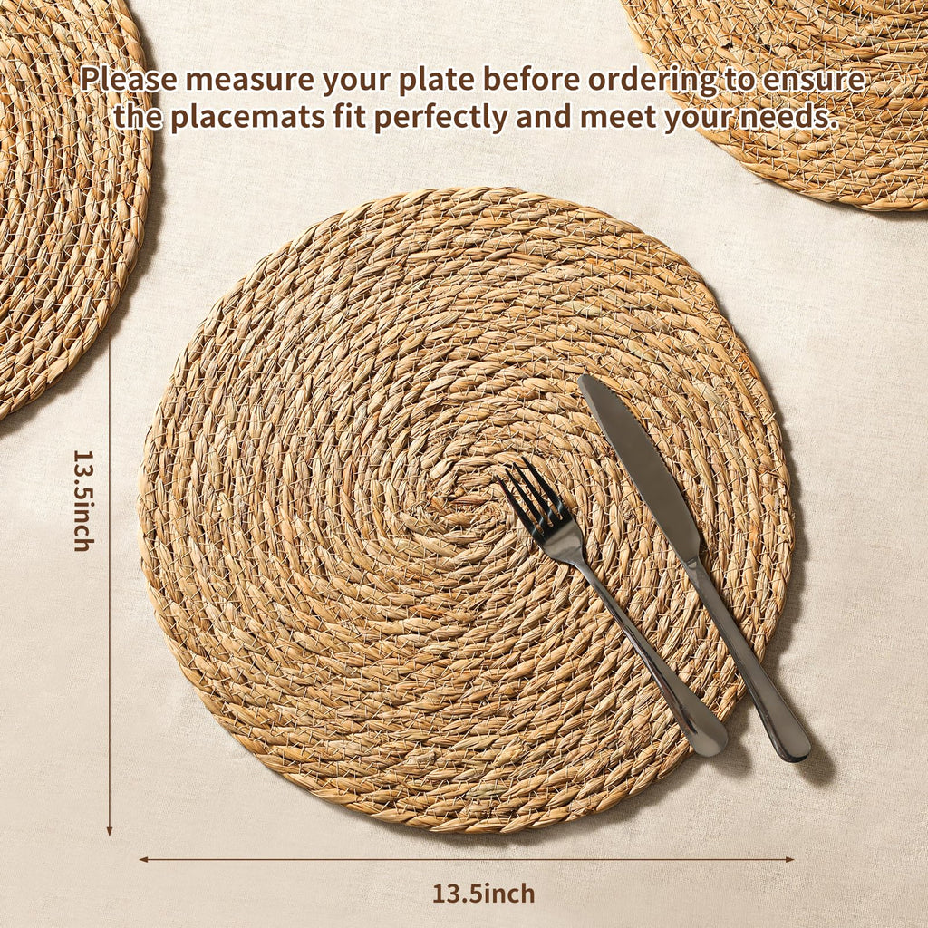 Round Woven Placemats Set of 6, 13.5 inch Boho Rattan Chargers for Dinner Plates, Rustic Wicker Place Mats, Hand-Woven from Natural Hyacinth, for Dining Table, Farmhouse, and Thanksgiving
