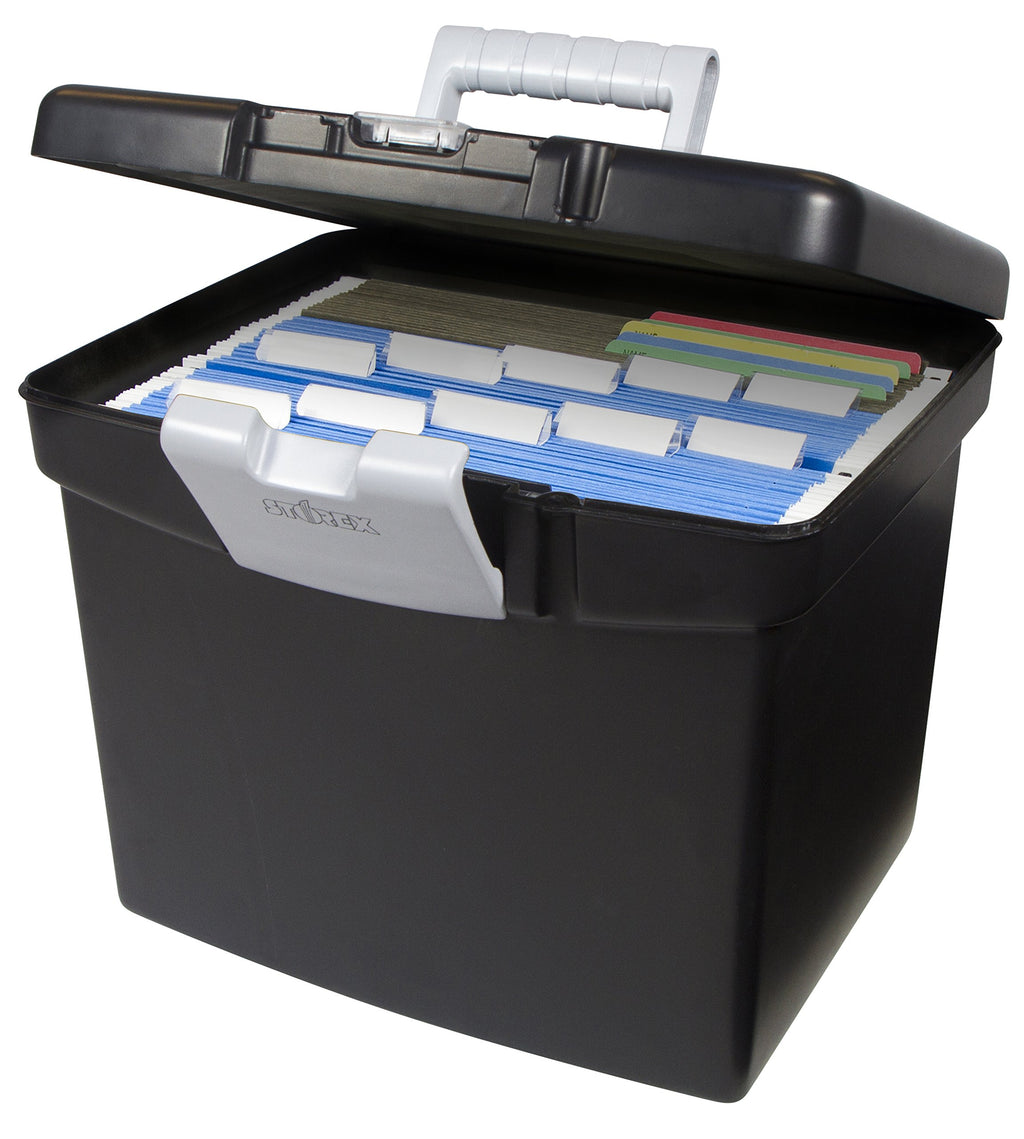 Storex Portable File Box with Organizer Lid – Plastic Office File Storage Box for Letter Paper and Hanging Folders, Obsidian, 1-Count (61504C01C)
