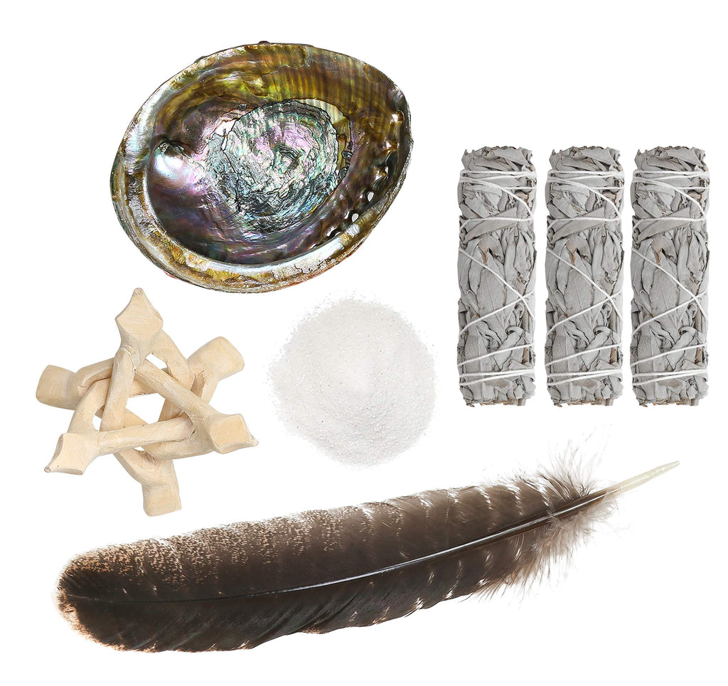 Sage Smudge Kit - White Sage Smudge Sticks ~ Abalone Shell 5-6 in ~ 2 in Tripod Stand ~ 10-12 in Feather and White Sand ~ The Perfect Smudge Kit