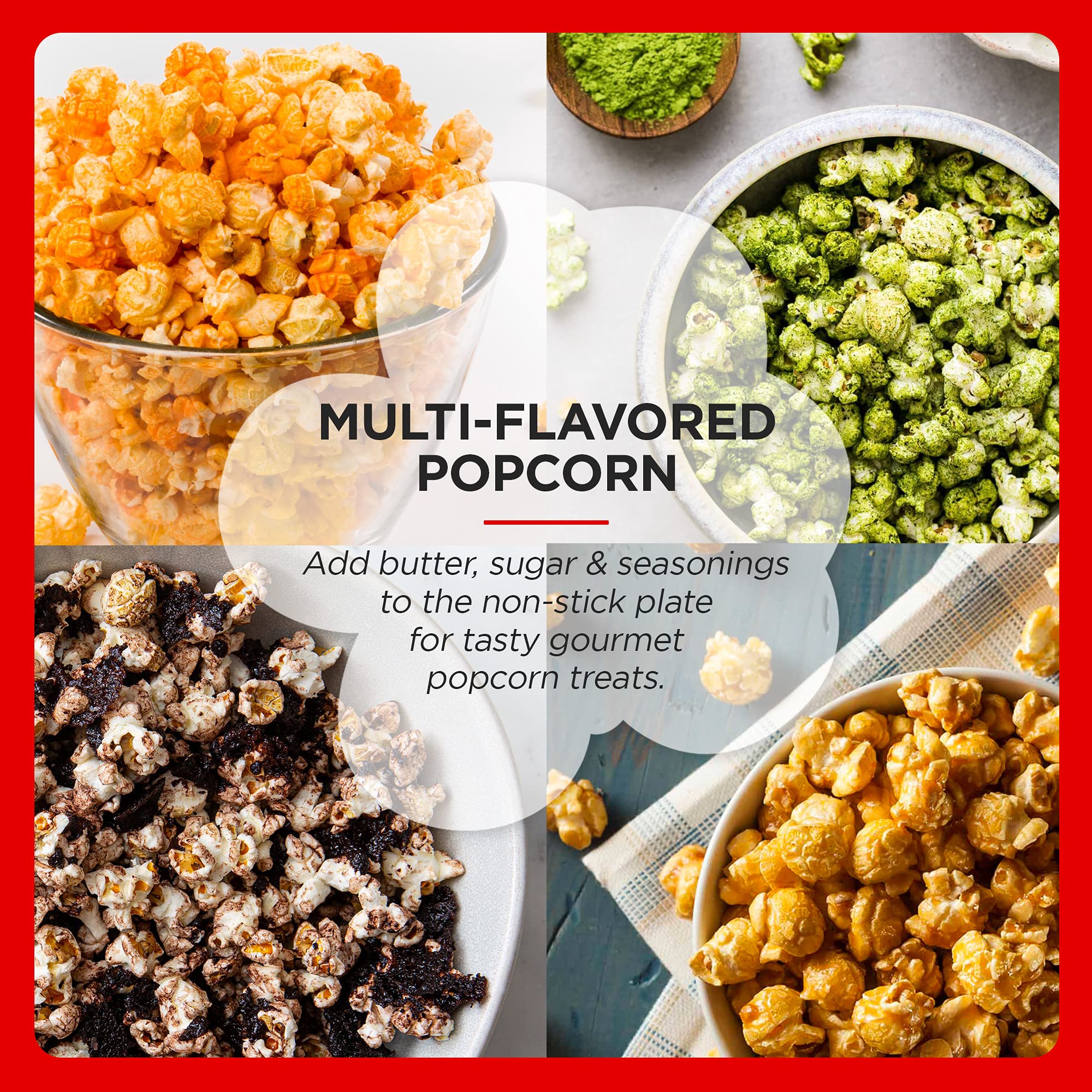 Elite Gourmet EPM330R Automatic Stirring Ceramic Nonstick 12-cup Popcorn Maker, Hot Oil Popcorn Machine w/Measuring Cap & Built-in Reversible Serving Bowl, Great for Home Party, ETL Approved, Red