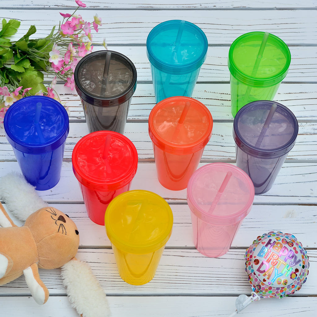 Youngever 9 Sets 16 Ounce Plastic Cups with Lids and Straws, Reusable Plastic Cups with Straws (Rainbow Colors)