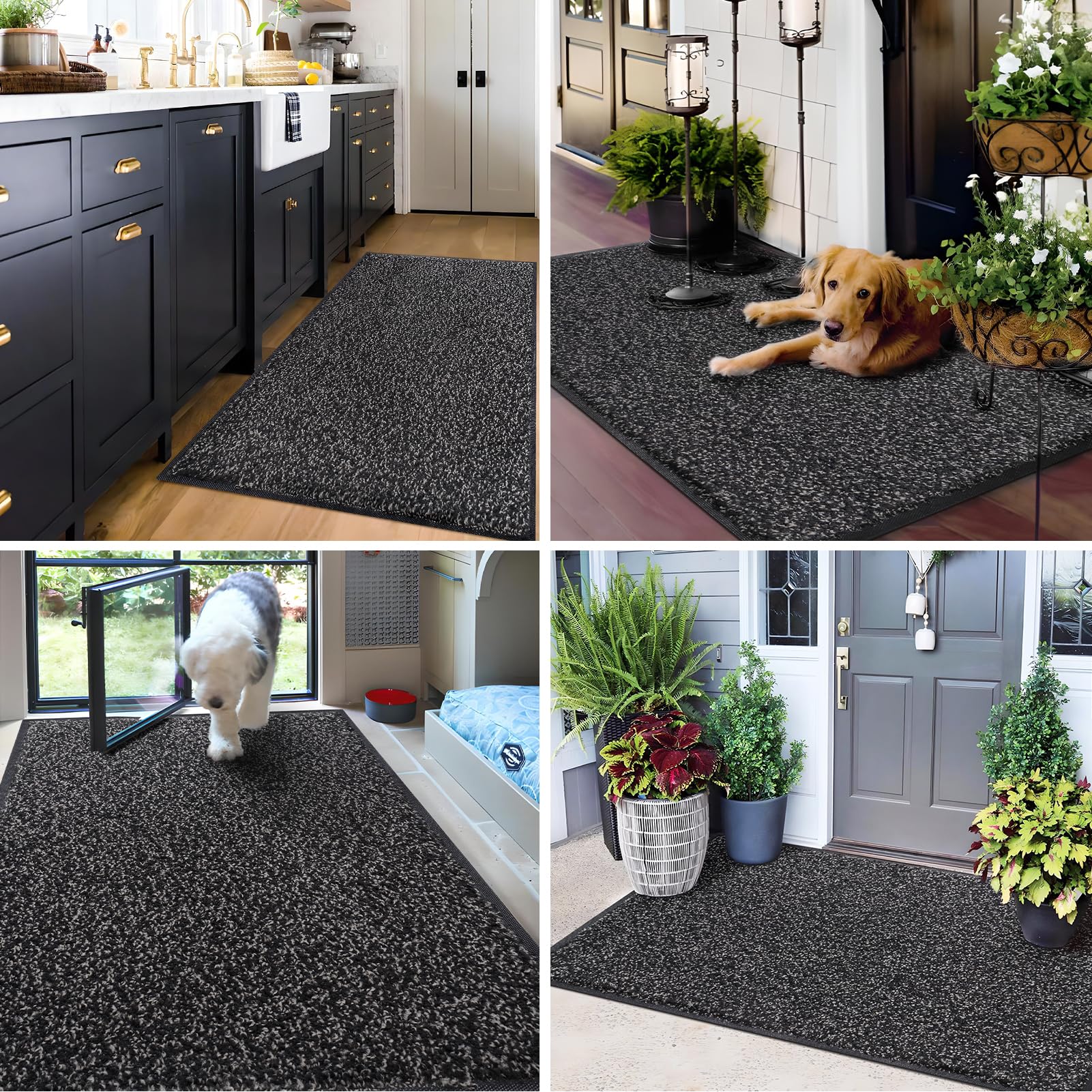 Mibao Front Door Mat, Dirt Trapper Welcome Mat for Outdoor Indoor, Non-Slip Waterproof Doormat, Durable Machine Washable Low Profile Entry Rug for Back Door Outside Patio Porch, 32" x 20", Black