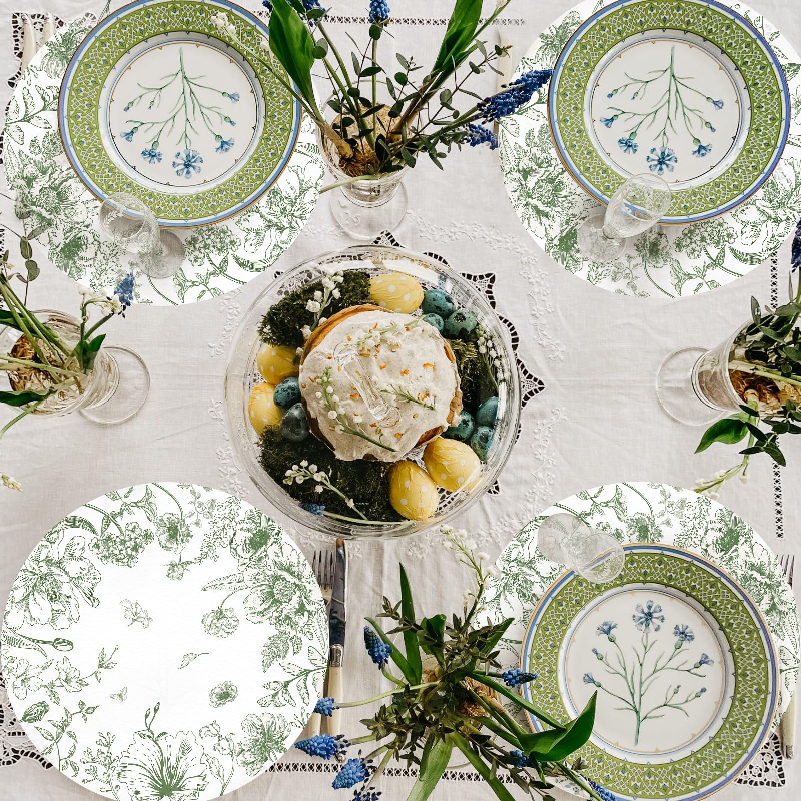 50 Pack Paper Placemats Disposable Green Floral Placemats 13.7 Inch Vintage Sage Green Flower Place Mats Chinoiserie Round Table Mats for Dinner Table Setting Birthday Wedding Party Supplies