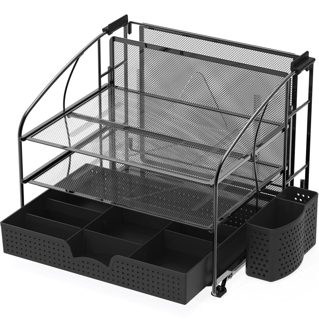 Simple Houseware 3 Tier Desk Organizer with Sliding Drawer, Hanging File Holder and Pen Holder Accessory, Black