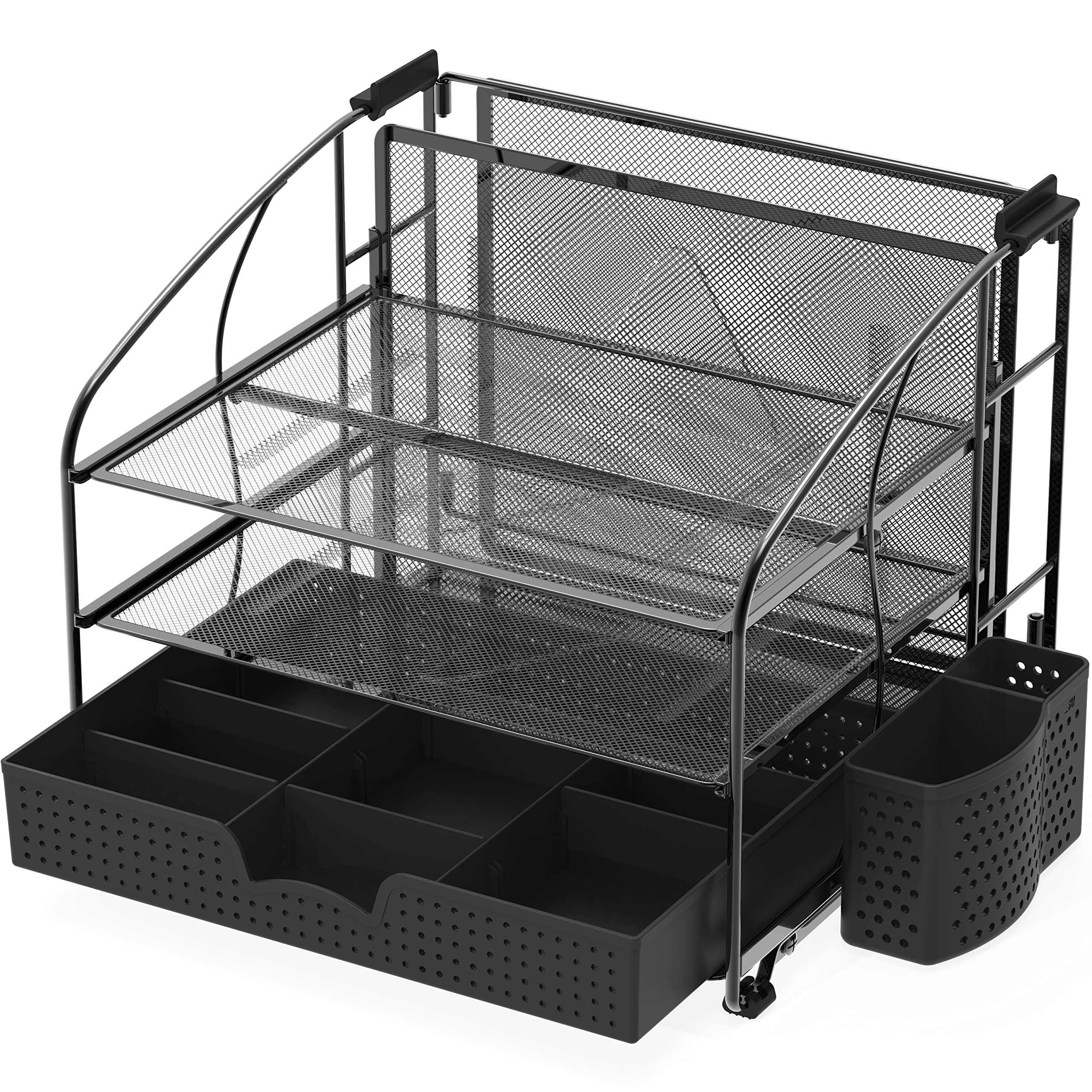 Simple Houseware 3 Tier Desk Organizer with Sliding Drawer, Hanging File Holder and Pen Holder Accessory, Black