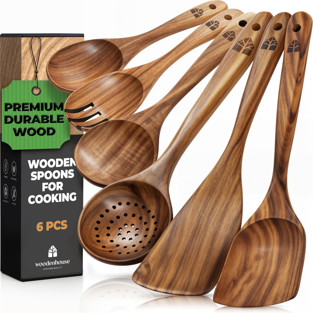 Wooden Spoons for Cooking – Wooden Kitchen Utensils Set, 6 Pcs Teak Wood Utensil Set – Comfortable Grip Non–Stick Wooden Cooking Utensils