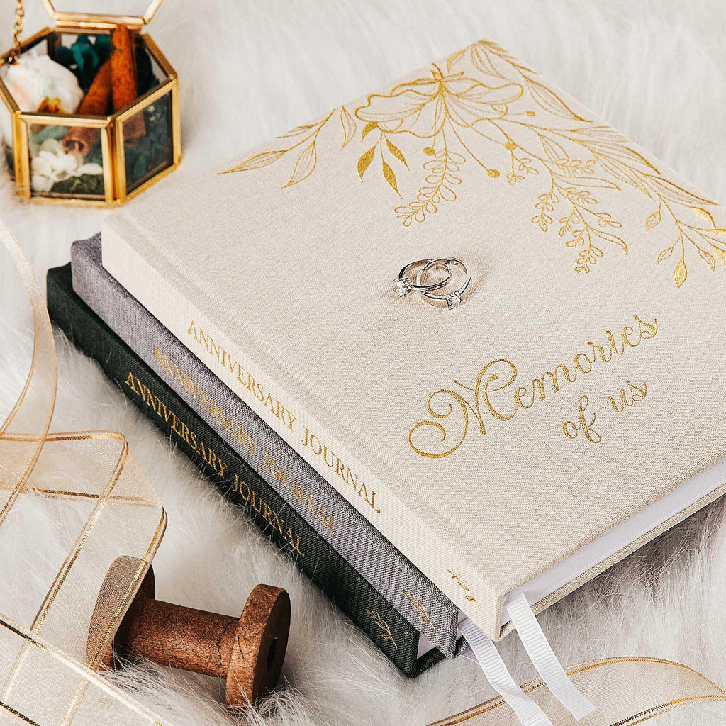 Lanpn Wedding Anniversary Journal Book Memories of Us, Linen Dating to 70th Wedding Scrapbook Notebook Memory Book, Newlywed Marriage Couple Anniversary Journal Bridal Shower Gifts (Beige, 190 Pages)
