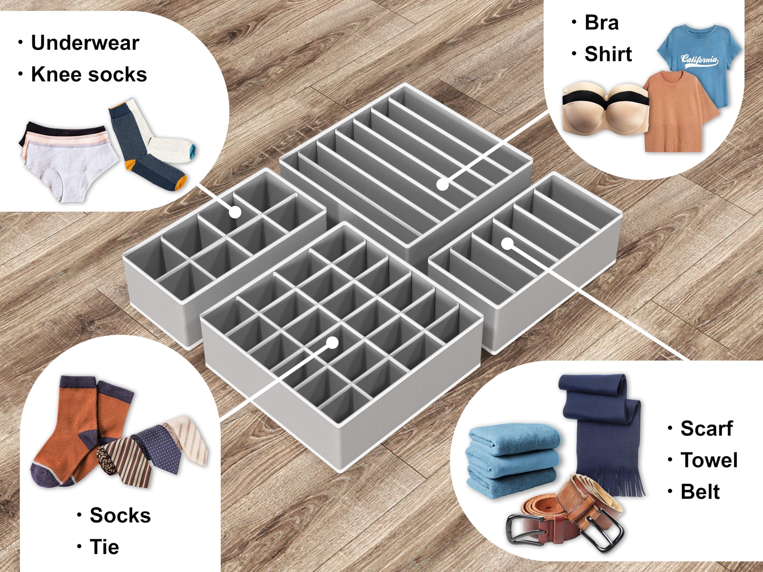 Simple Houseware Closet Underwear and Clothes Organizer Drawer Divider Set of 4, Grey