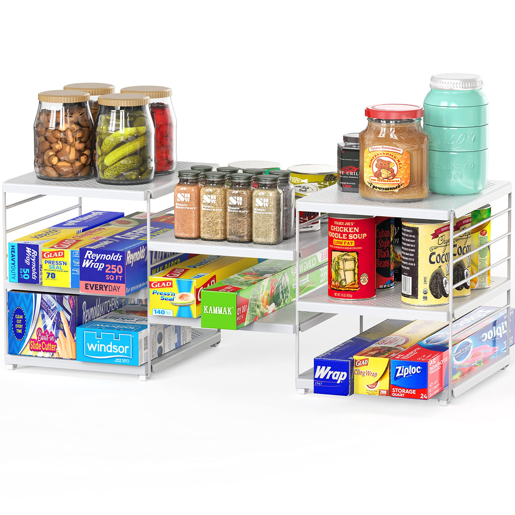 Simple Houseware Expandable Counter Shelf Organizer, Adjustable Storage Rack for Kitchen Cabinets, Pantry, or Desktop Accessories, 9.5" D x 23" W x 9.25" H, White