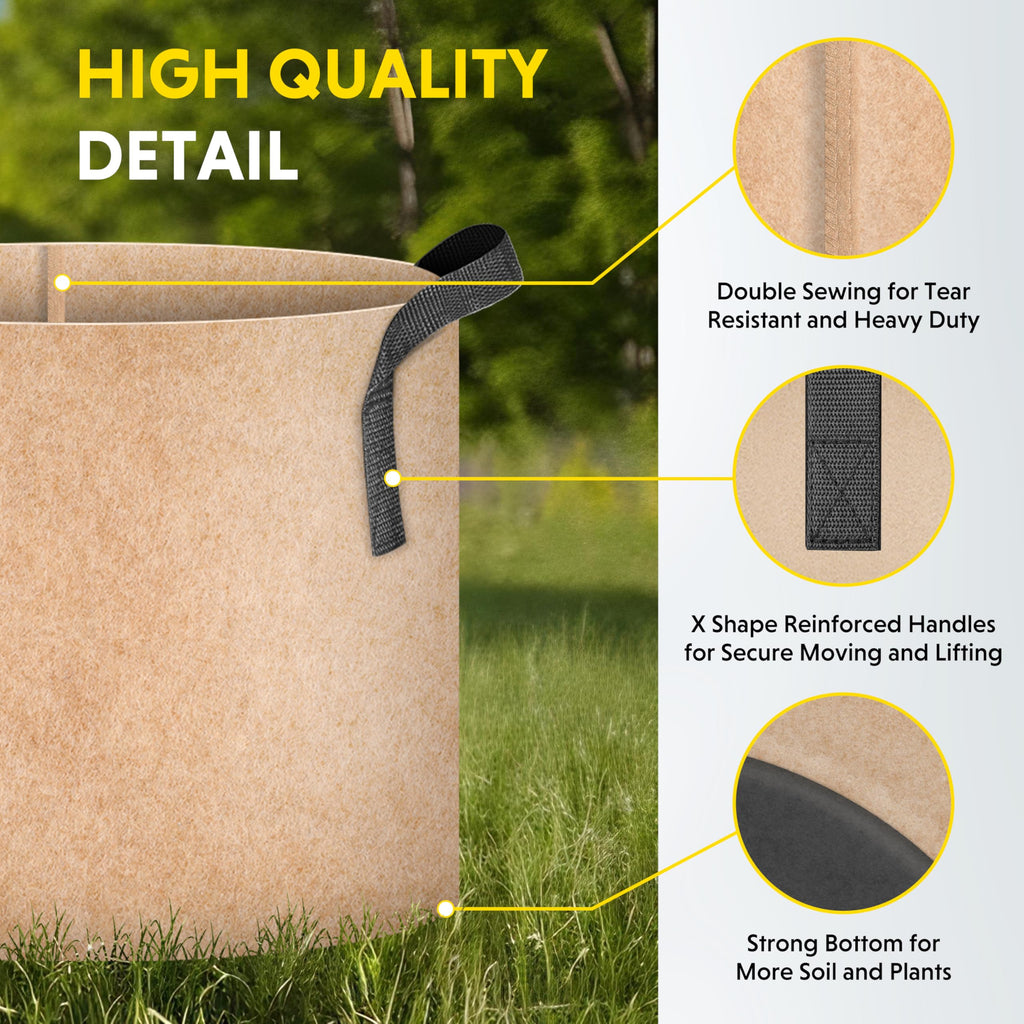 iPower 15 Gallon 5 Pack Grow Bags Nonwoven Fabric Pots Aeration Container with Strap Handles for Garden and Planting, Tan