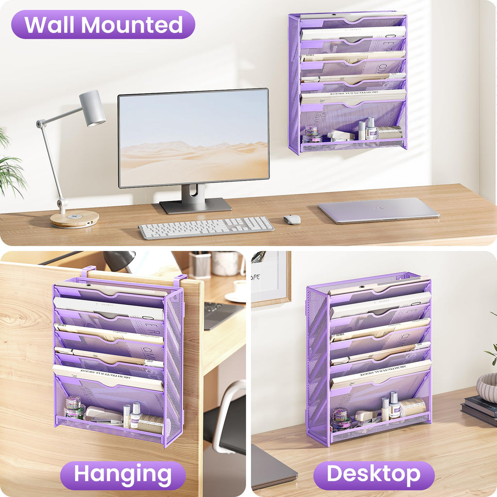 SUBEKYU File Organiser, 6-Tier A4 Wall Mounted Magazine File Holder for Mails Folders Papers, Vertical Document Organiser for Office Home - Purple