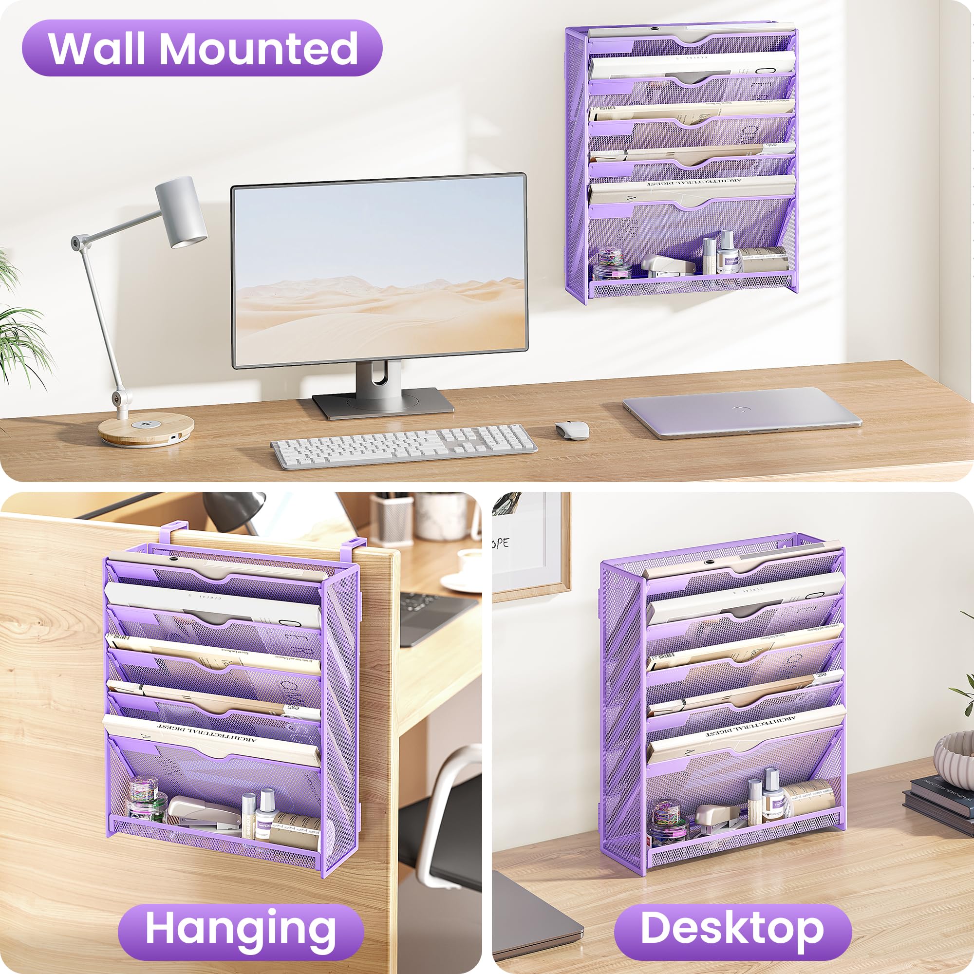 SUBEKYU File Organiser, 6-Tier A4 Wall Mounted Magazine File Holder for Mails Folders Papers, Vertical Document Organiser for Office Home - Purple