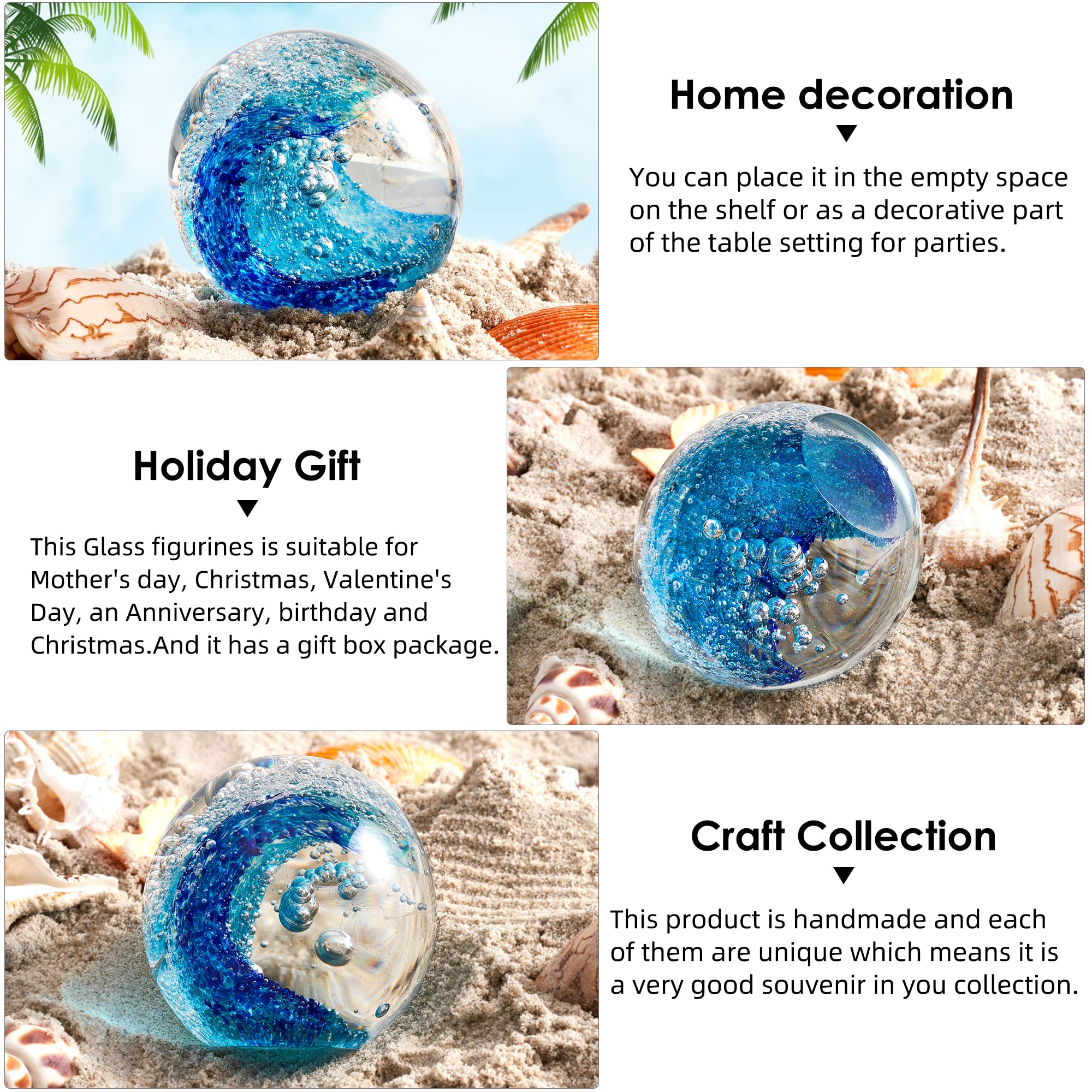 Hand Blown Glass Figurines Ball Ocean Waves,Paperweight Glass Ball,Home Decor Collectible,Aquarium Decor,Office Decor Ocean Lovers