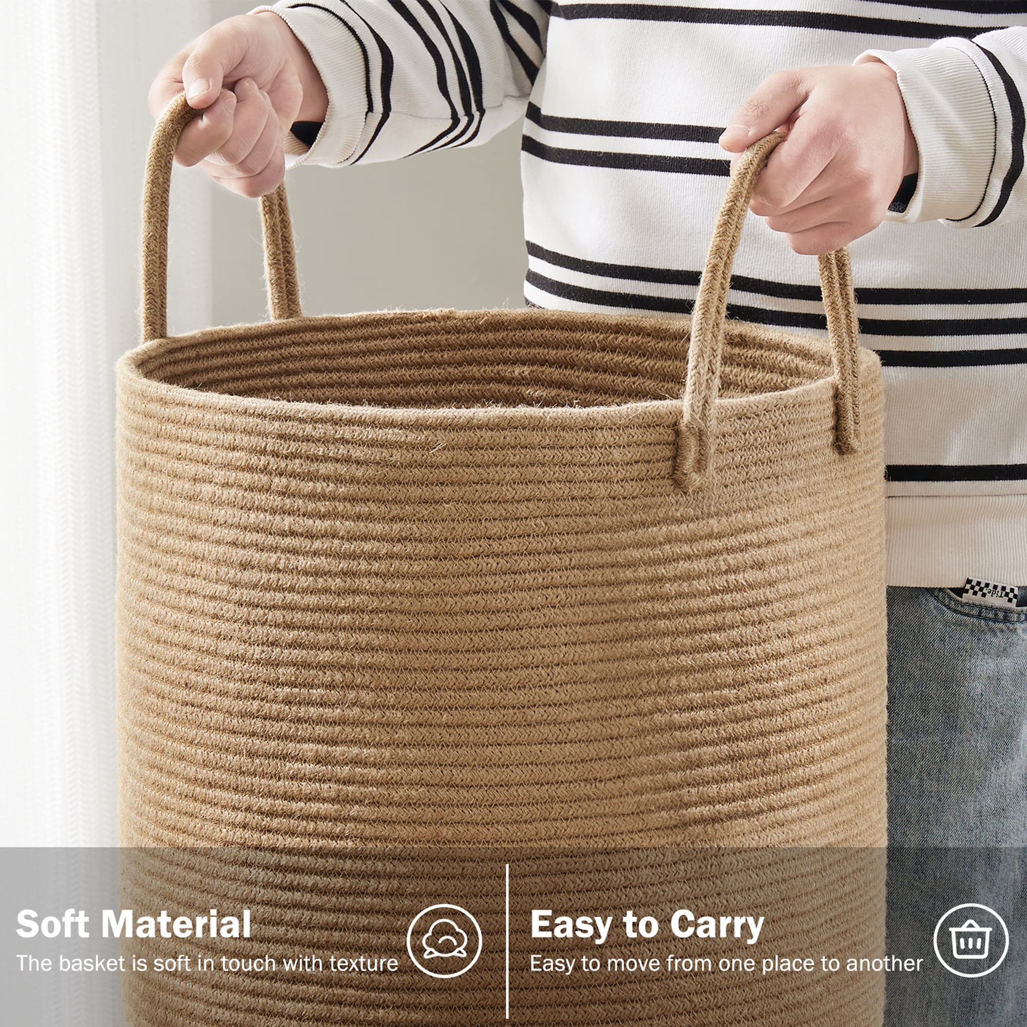 Jute Rope Laundry Hamper Basket by YOUDENOVA, 58L Tall Laundry Basket, Baby Nursery Hamper for Blanket Storage for Bedroom-Large-Jute