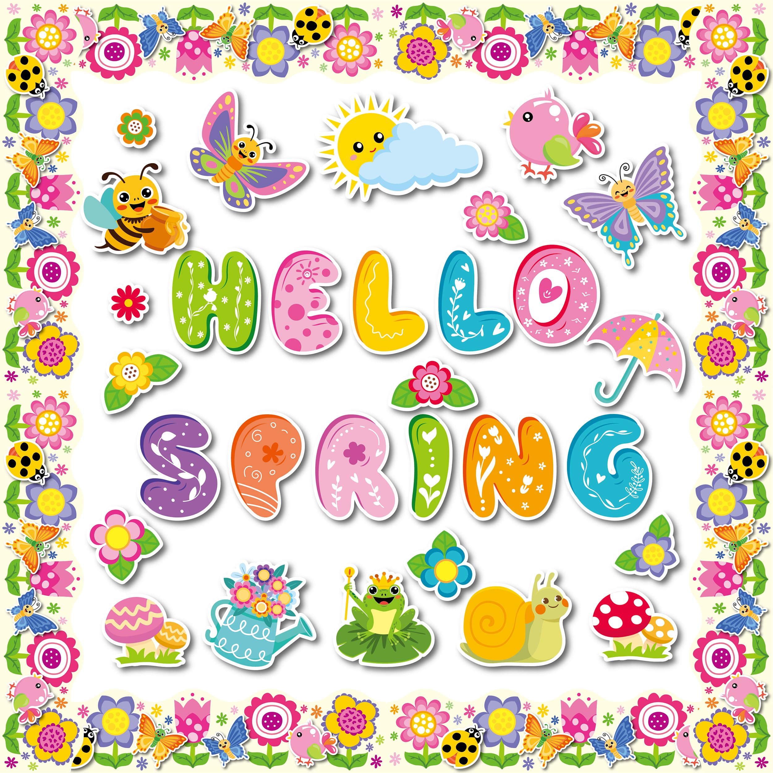 70 Pcs Hello Spring Bulletin Board Decorations - Colorful Hello Spring Cut-Outs Cute Flower Butterfly Bird Bee Bulletin Border Wall Decals for Kids DIY Craft School Classroom Decor