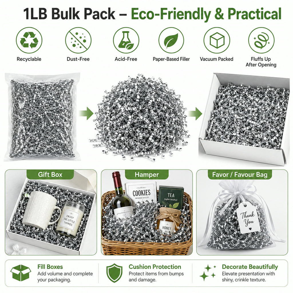 1LB (455g) Double Sided Silver Shredded Tissue Paper for Packing Gift Boxes - Premium Crinkle Cut Baskets Filler Shredded Paper, Recyclable Hamper Fillers for Packaging, Crafting & Gifting
