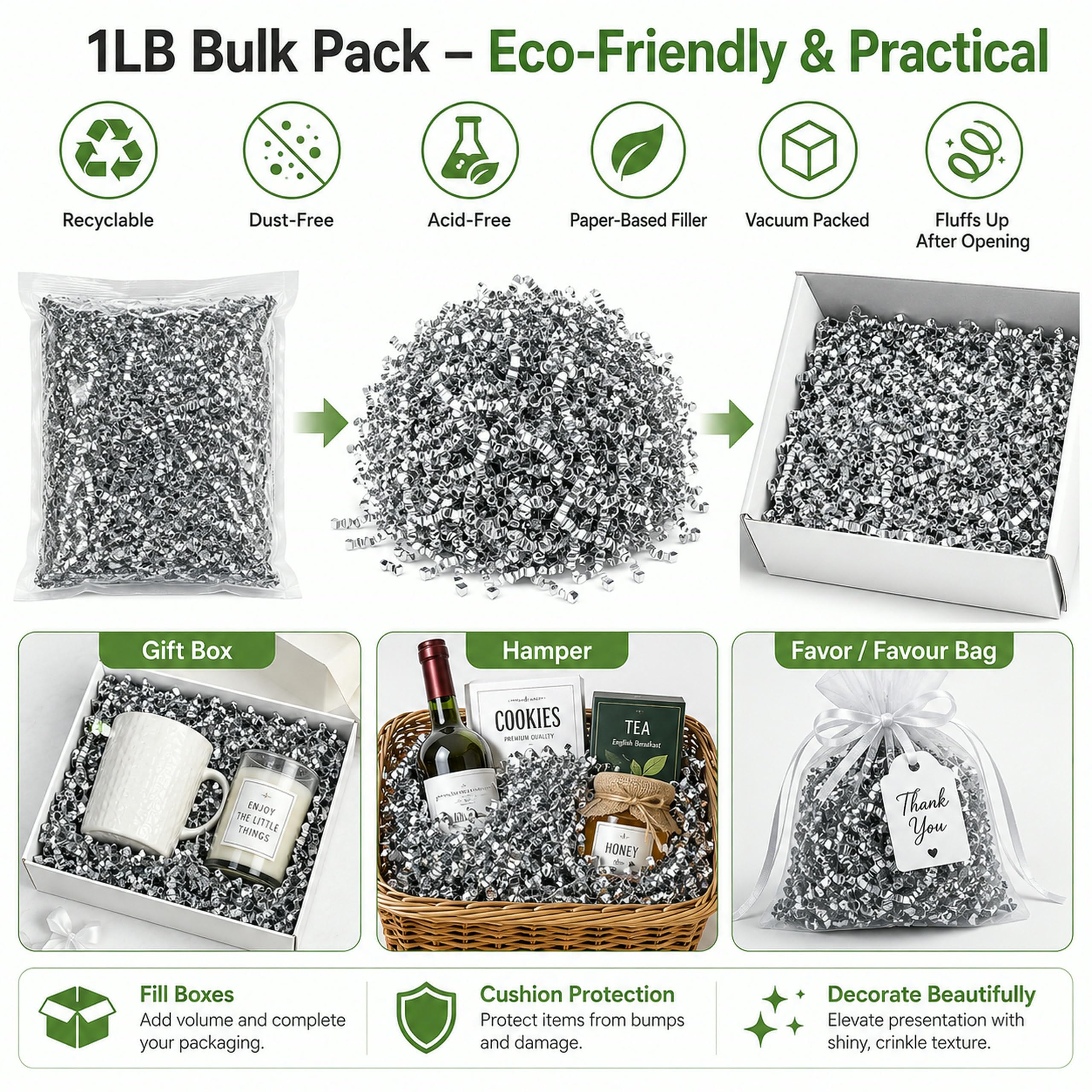 1LB (455g) Double Sided Silver Shredded Tissue Paper for Packing Gift Boxes - Premium Crinkle Cut Baskets Filler Shredded Paper, Recyclable Hamper Fillers for Packaging, Crafting & Gifting