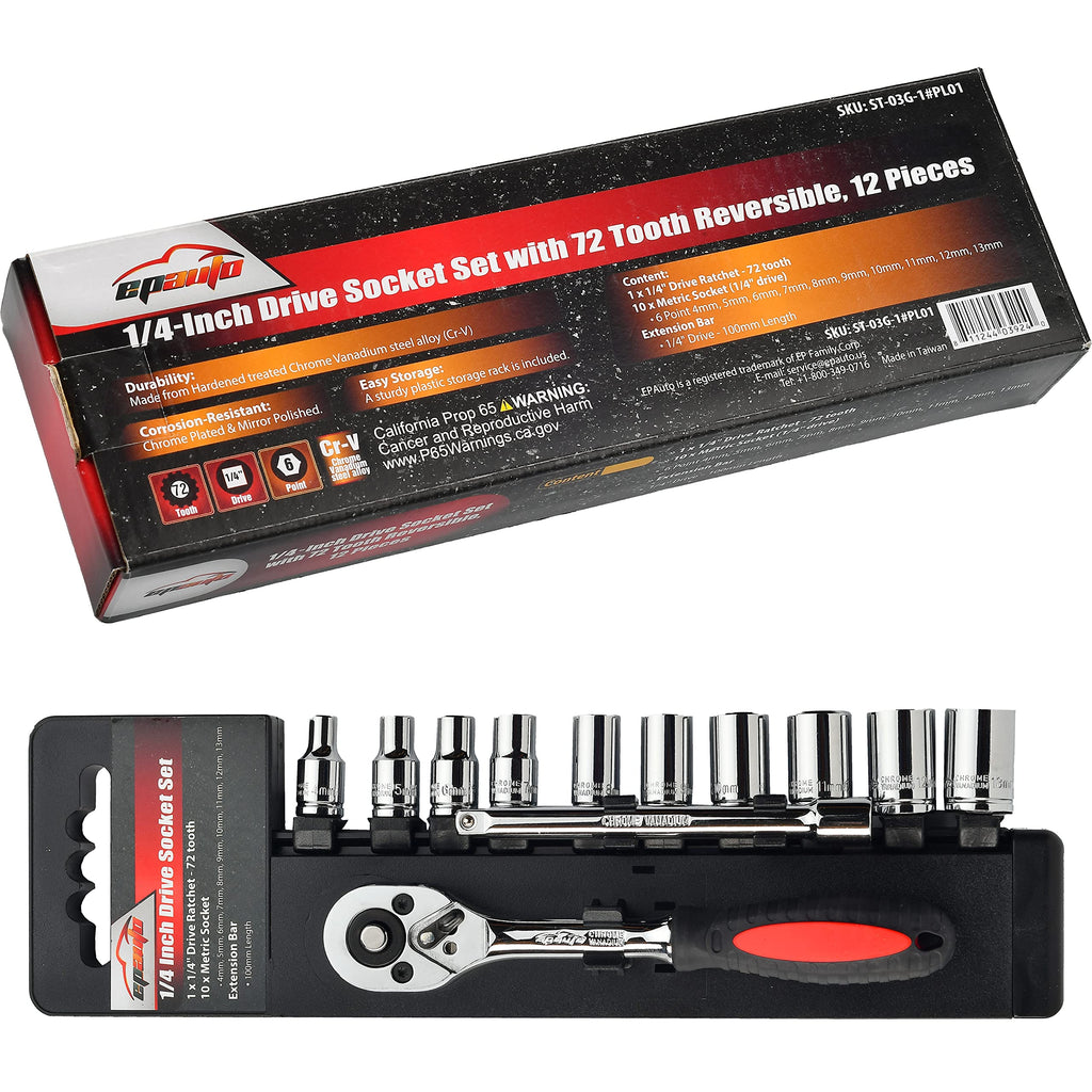 EPAuto 1/4-Inch Drive Socket Set with 72 Tooth Reversible, 12 Pieces